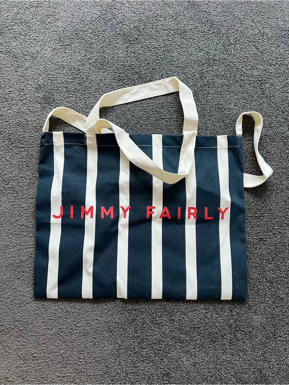 Jimmy Fairly Navy & White Stripe Tote Bag with Red Logo